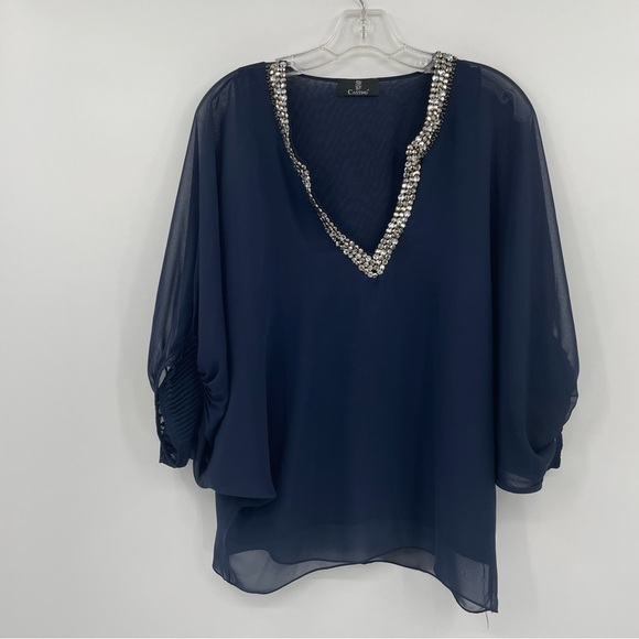 Casting Blouse - V-Neck, Jeweled Neckline, Blooming Sleeves - Blue & Silver - S - Picture 1 of 8